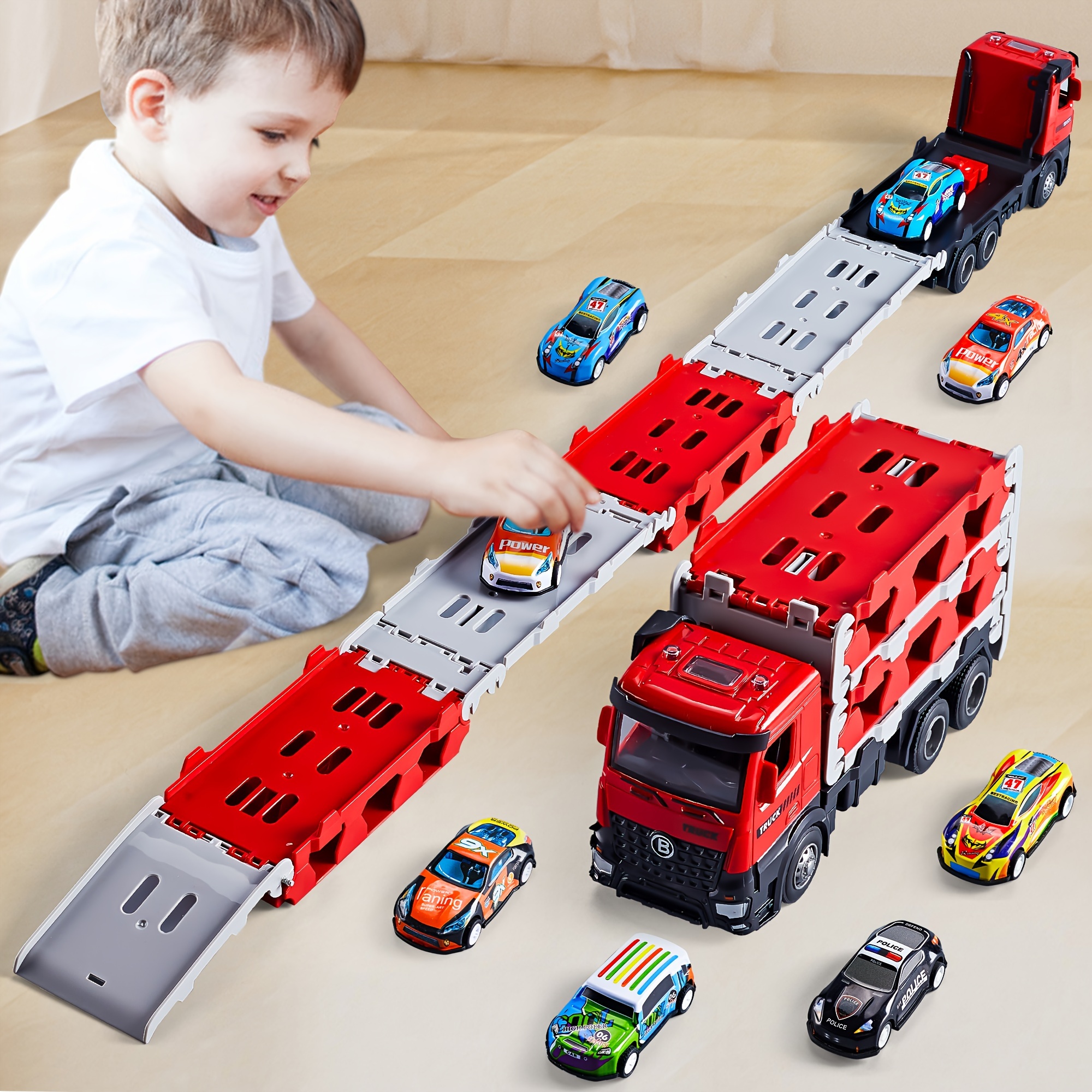 

Gros camion-remorque jouet avec 6 petites voitures jouets : Ensemble de véhicules jouets pour enfants, à partir de 3 ans (en plastique, adapté pour les 3-8 ans)