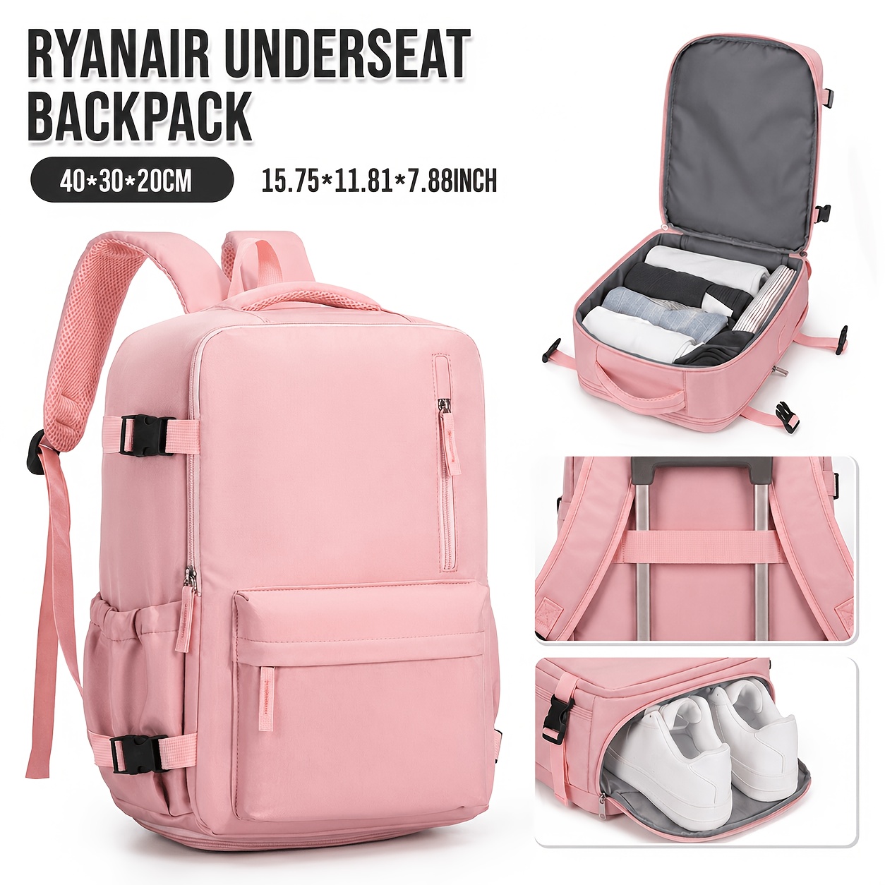 TEMU Ryanair Cabin Bag & Easyjet Carry-on Luggage Suitable For Travel Backpack With 15.6” Laptop Compartment, Shoe Pocket & Underseat Rucksack -