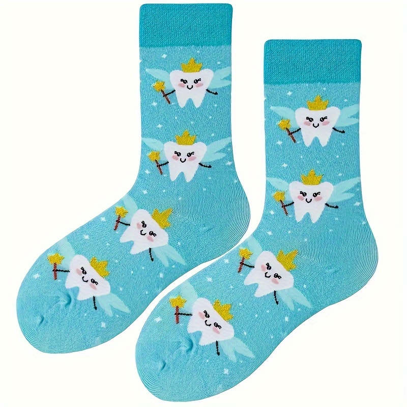 

Funky Cartoon Teeth Pattern Mid-calf Socks For Women - Comfy Polyester , Machine Washable, All