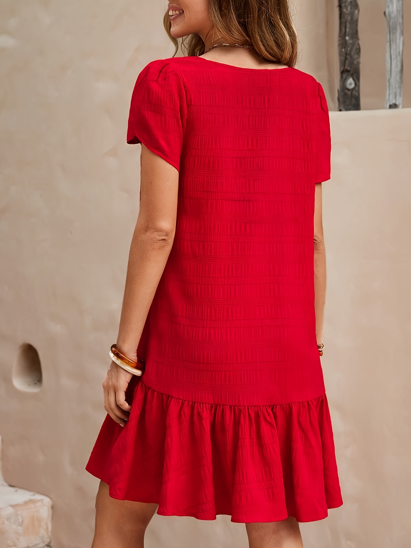 Plain Petal Sleeve Ruffle Hem V Neck Dress Women'S Clothing