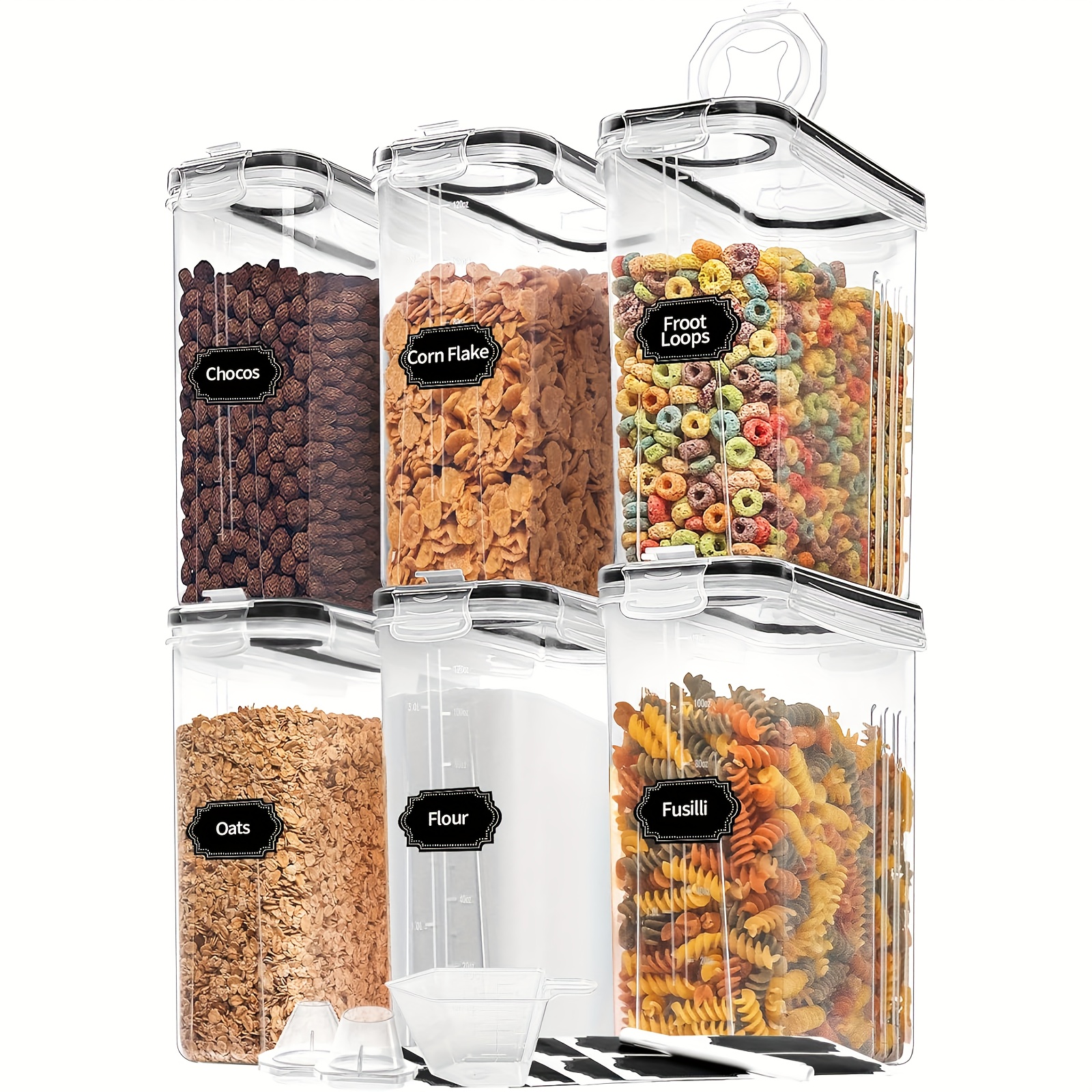 

Skroam 6pcs Cereal Containers Storage [4l/135.2 Oz], Airtight Food Storage Containers With Pour Spout For Kitchen & Pantry Organization Storage, Plastic Cereal Dispensers, Measuring Cup & 20 Labels