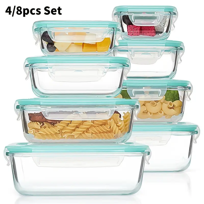 4 8pcs set of glass food storage containers leak proof sealed lid lunch box suitable for microwave ovens ovens freezers and dishwashers christmas gift Product details 4