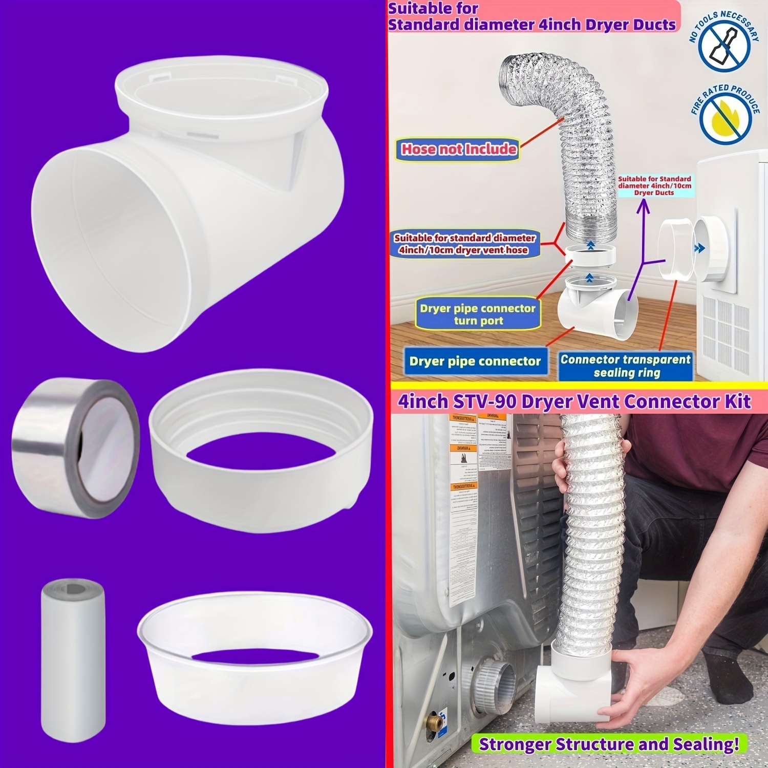 

Premium 4-inch Dryer Vent Kit With Plastic Stv-90 Connector, No Tools Installation, Includes Safe Mounting Bracket And Aluminum Foil Tape, Essential For Standard Laundry Ductwork