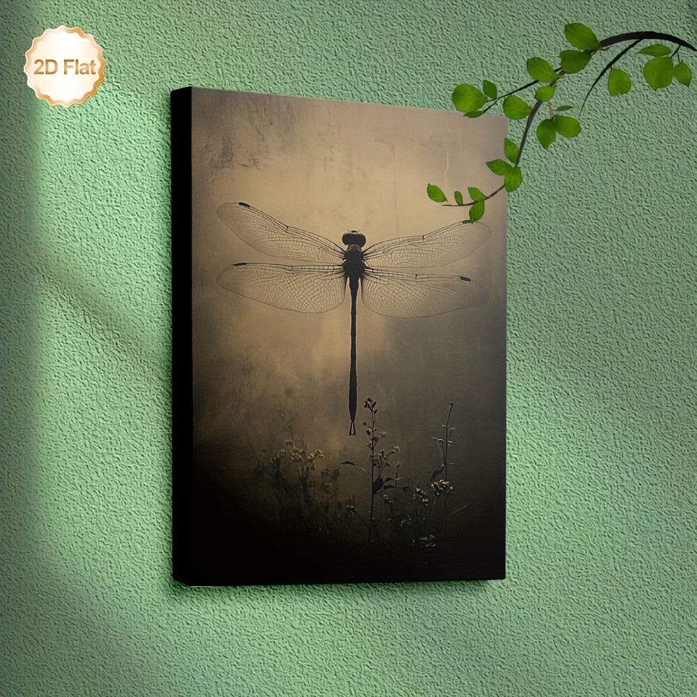 TEMU 2d Flat, 2d Flat, 1pc, Framed 2d Flat Canvas Painting, Dragonfly Insect Vintage Style Artwork, Suitable For Living Room, Bedroom, Office, Study