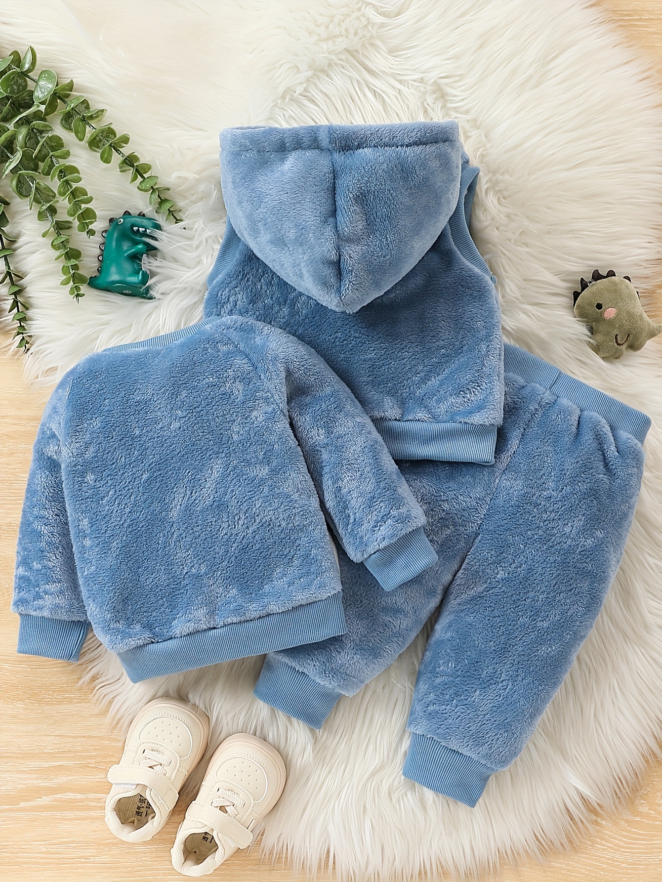 3pcs baby boys flannel dinosaur hooded vest crew neck long Temu