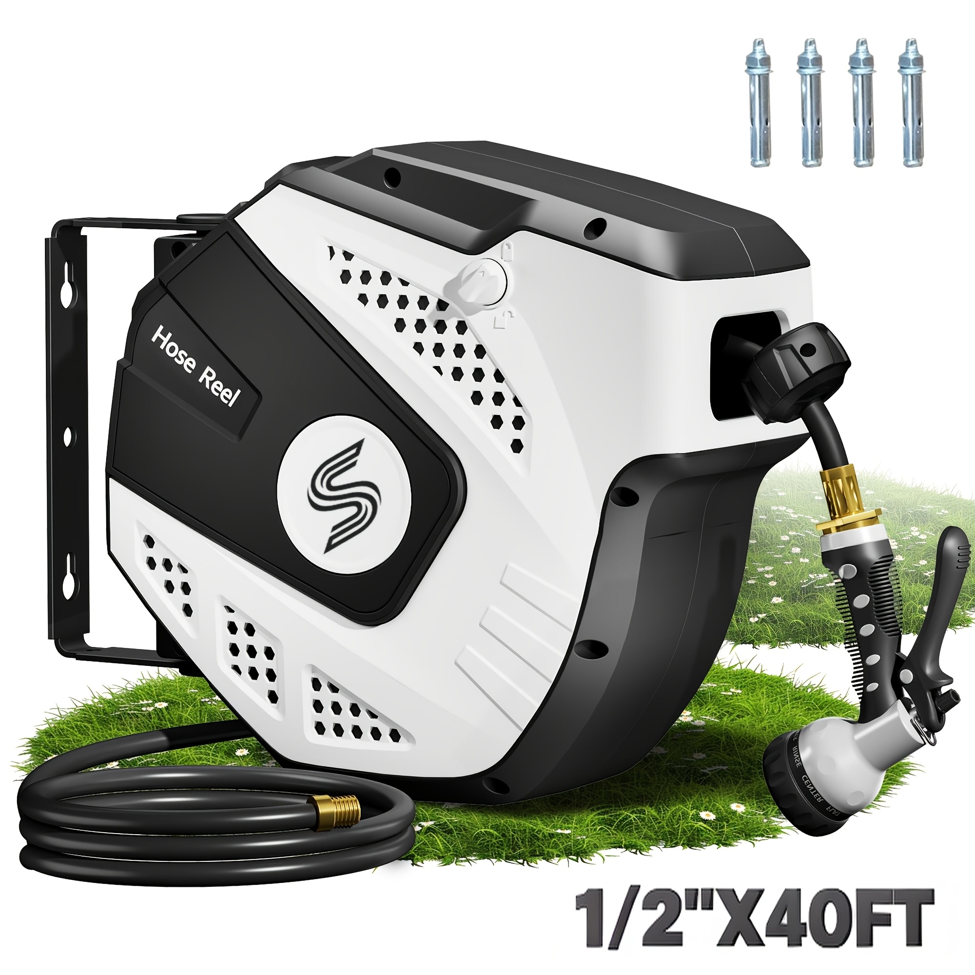 TEMU 1pc 40/70ft 1/2" Retractable Garden Hose Reel, Heavy-duty Polycarbonate Wall Mount Hose Reel, Auto & Slow , 180° Swivel, Any Length Lock With 10