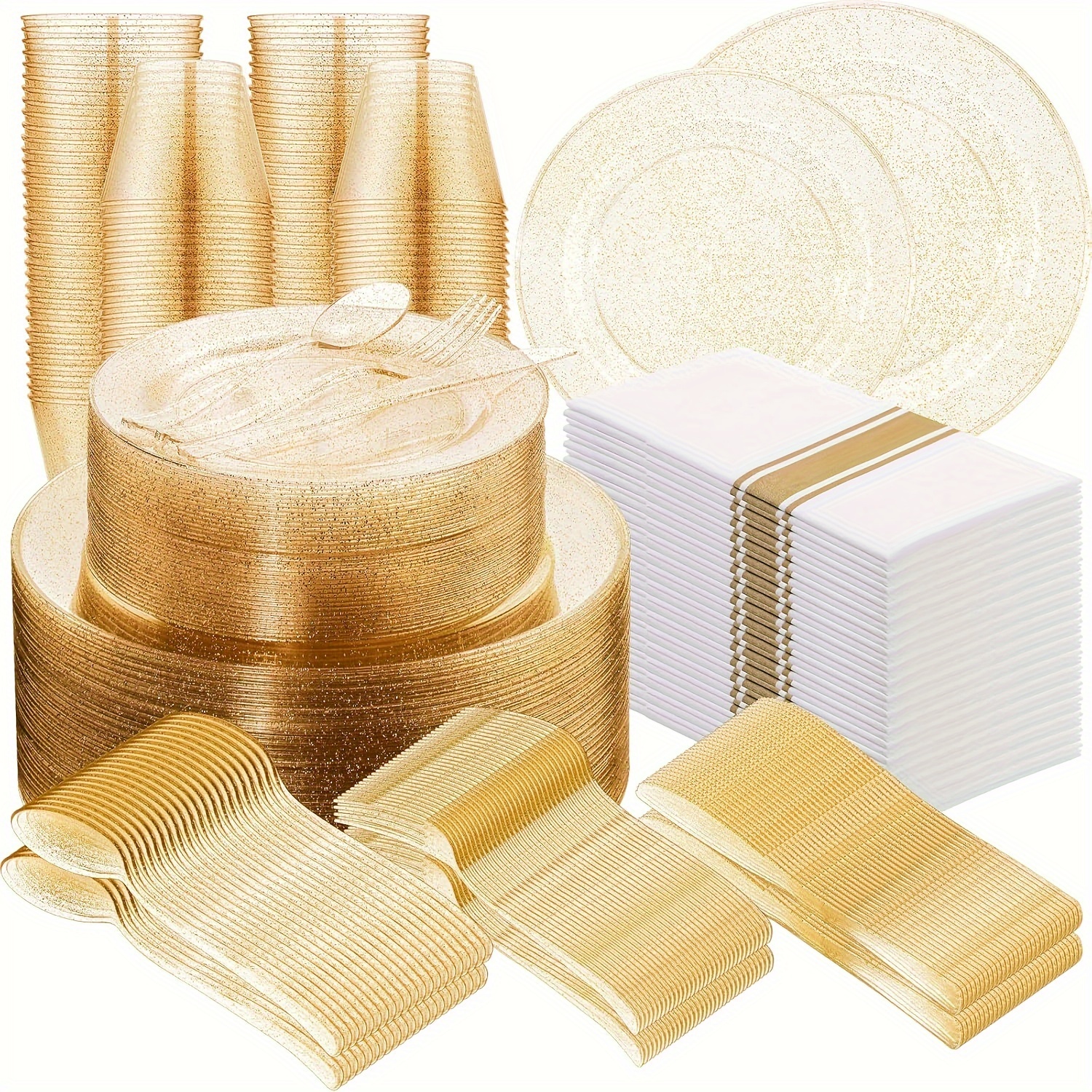 

875 Pcs Guests Glitter Plastic Dinnerware Set Include 125 Dinner Plates 125 Dessert Plates 125 Disposable Cups 125 Rolled Napkins With 125 Set Cutlery For Birthday Weddings Party (gold)