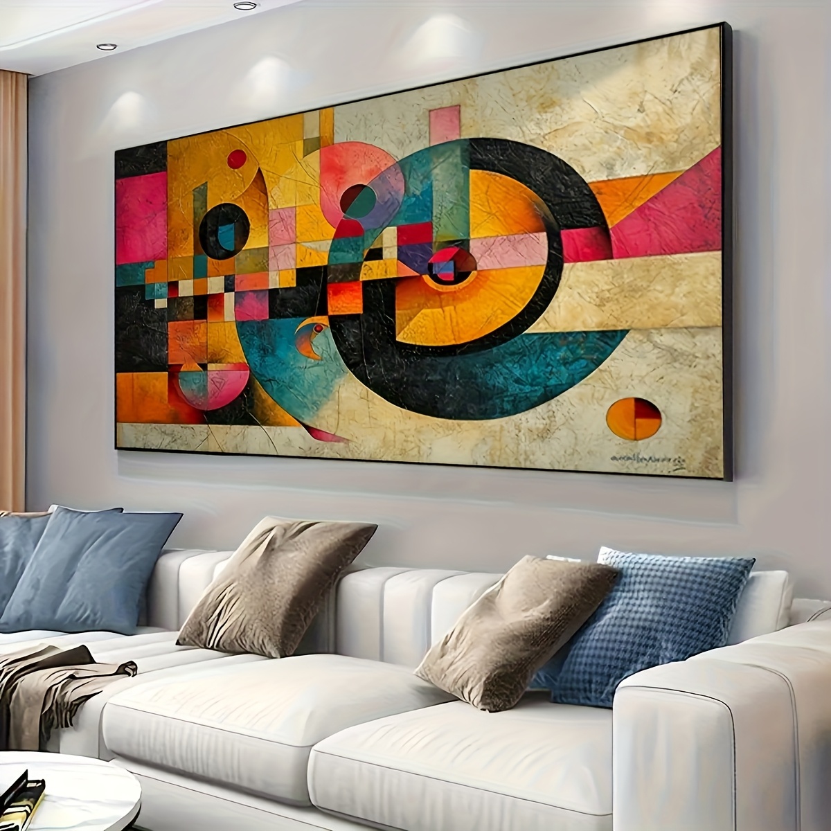 TEMU 1pc Large Modern Abstract Wall Art - Large Horizontal Frameless Canvas With Ink Geometric Lines In Neutral // Tones Suitable For Living Room,