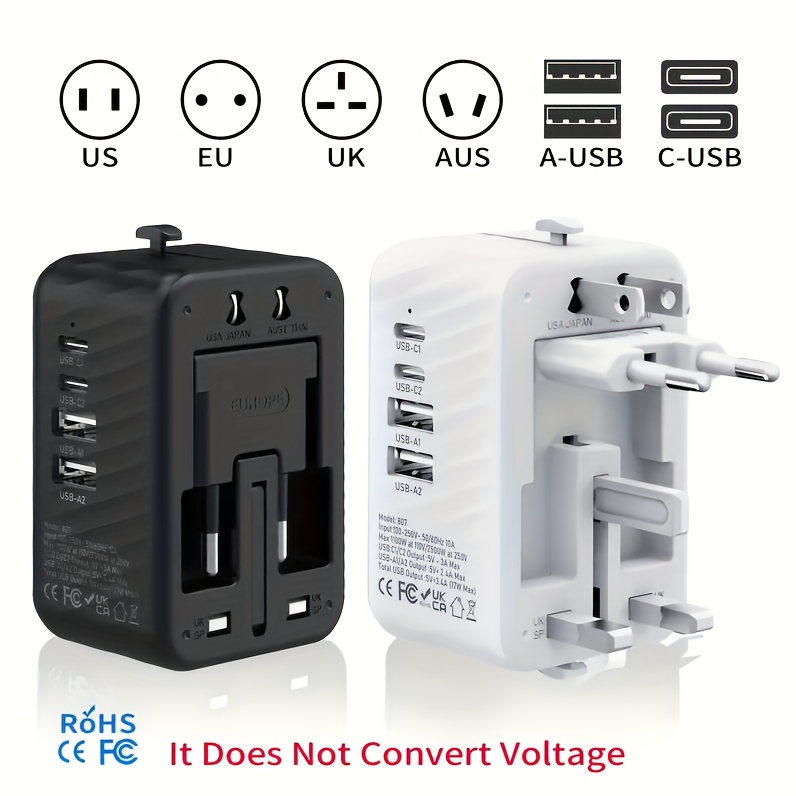 Global Travel Adapter with Dual USB-C & 2 USB-A Ports, Worldwide Voltage 110V-240V, EU/US/UK/AU Plug Converter, Compact Power Adapter for Smartphones, Laptops, Tablets, Hair Dryers in Europe, Asia, North America Are Perfect Holiday Gifts.