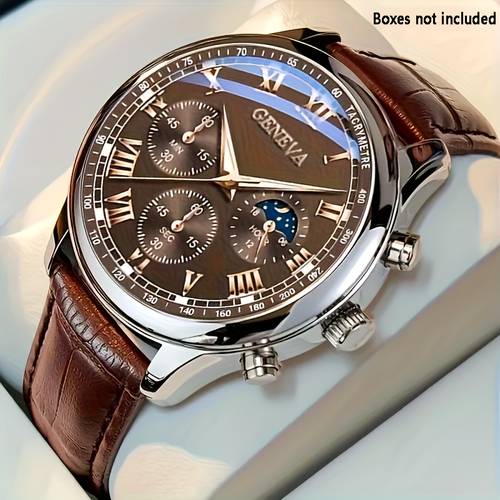 mens quartz watch faux leather strap round alloy button battery powered business and sports watch