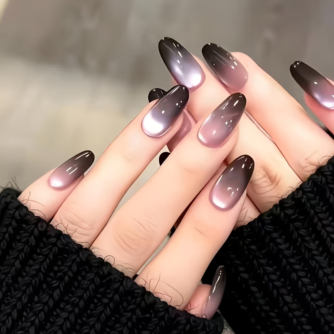 TEMU Press-on Almond Fake Nails, Black To Pink Ombre With Cat , Light Luxury High-end, 12 Sizes, Includes Tool Kit, 24pcs