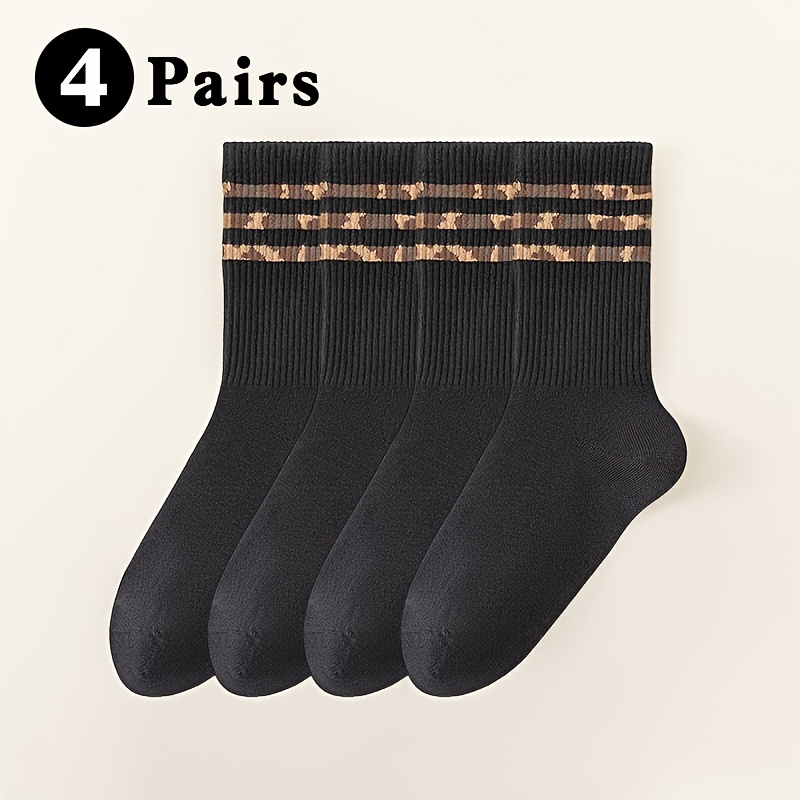 Image of 4 Pairs/retro Leopard Print Mid-tube Socks, Striped Sports Socks Women's Socks, Vertical Striped Socks Ladies, Worn In , Comfortable, Soft And Warm Long Socks For