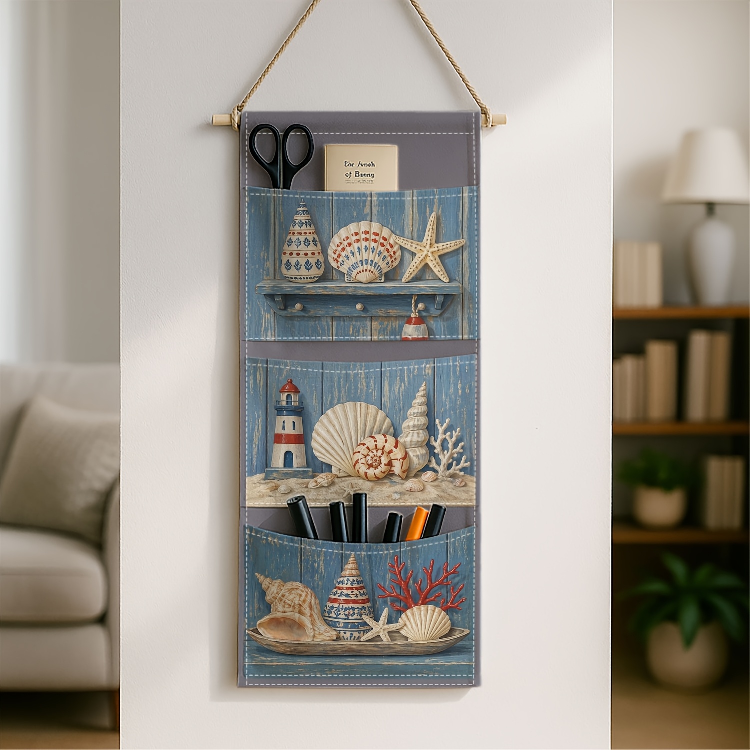 TEMU Étagère Murale à 3 Niveaux, 1 pièce, sur le Thème de Plage - Décoration Côtière avec Coquillages et Phare, Rangement Suspendu Encombrant Adapté