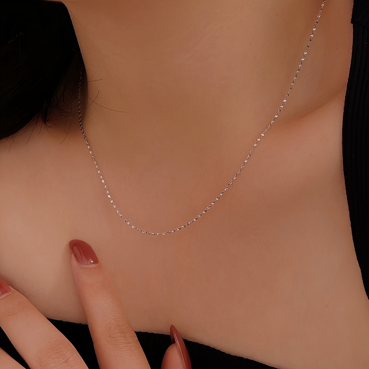 S925 Silver Delicate Necklace Sparkling Sequins Collarbone Chain