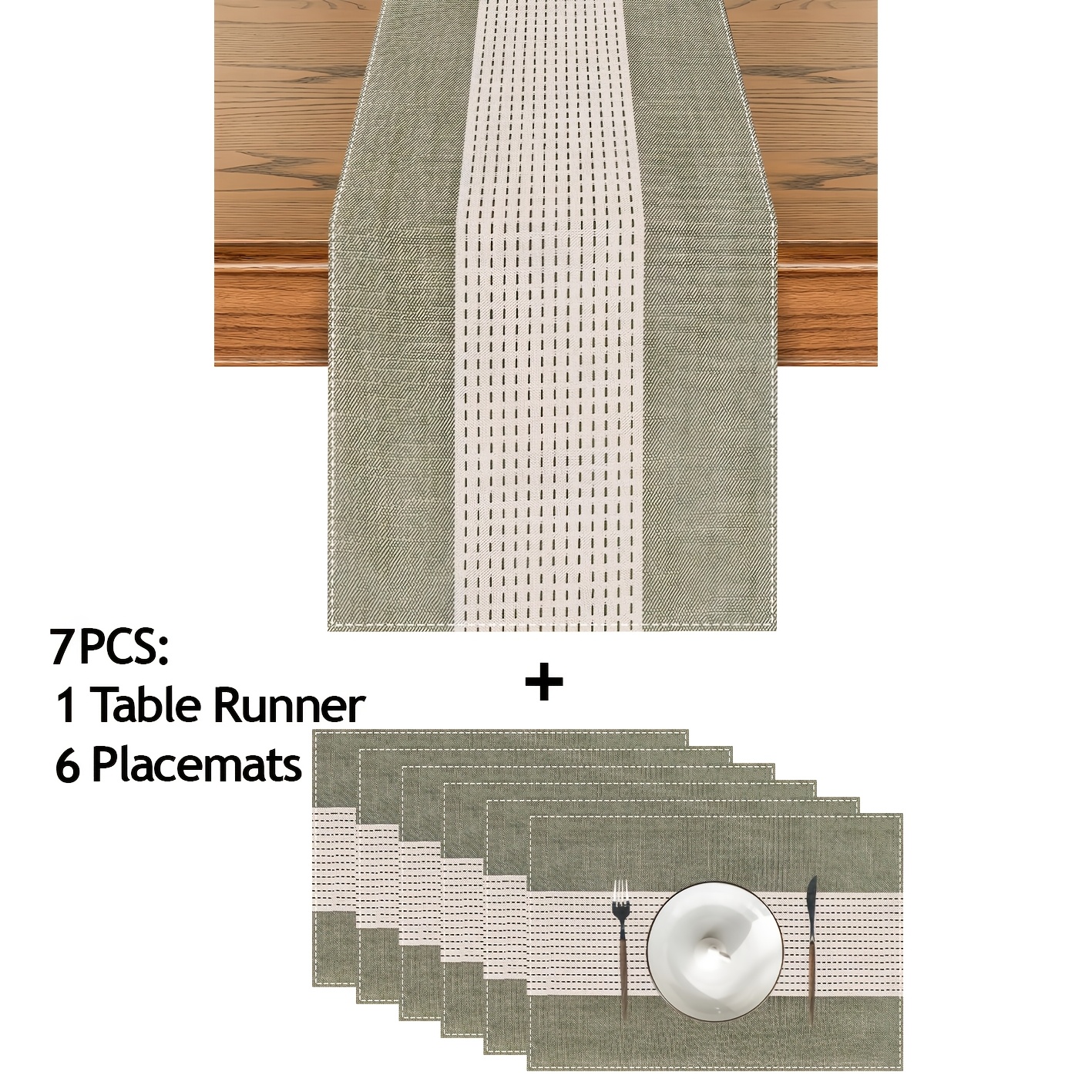 TEMU 5/7pcs, Farmhouse-style Table Runner And Placemat Set, Green And White Striped Design, Suitable For Kitchen, Dining Room, And Dining Table