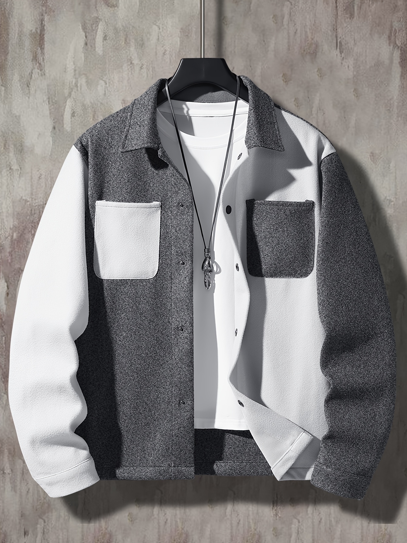 Men's Color Block Corduroy Jacket - Casual Winter Coat with Pockets, Button-Up Front, Orange & White Design, Snap Closure, Polyester Material