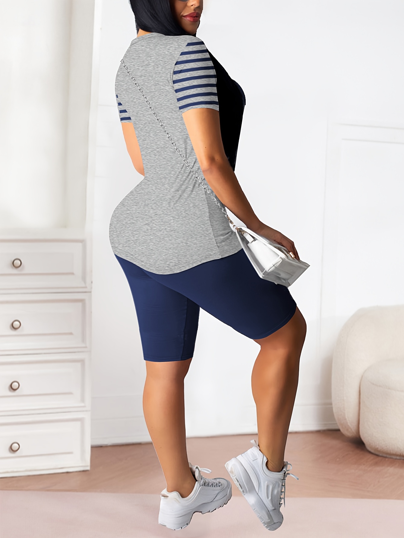 Women's Spring/Summer Gradient Print Fashion Round Neck Short Sleeve Top and Shorts Two-Piece Set