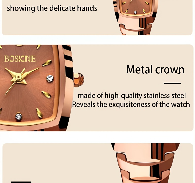 boscine 2024 elegant womens stainless square quartz wrist watch luminous automatic barrel type high end with non rechargeable button battery details 6