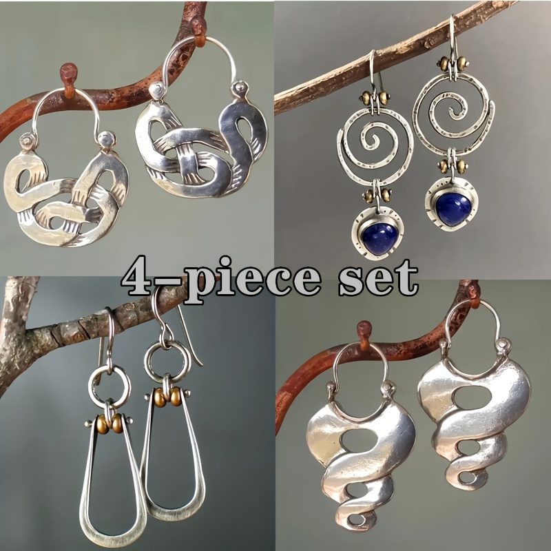 

4-piece Set Of Vintage Bohemian Gothic Style Silver Hollowed Out Hoop Earrings With Rolled Edge Pattern, Giftzinc Alloy Silver Plated Jewelry, Uniquely Designed