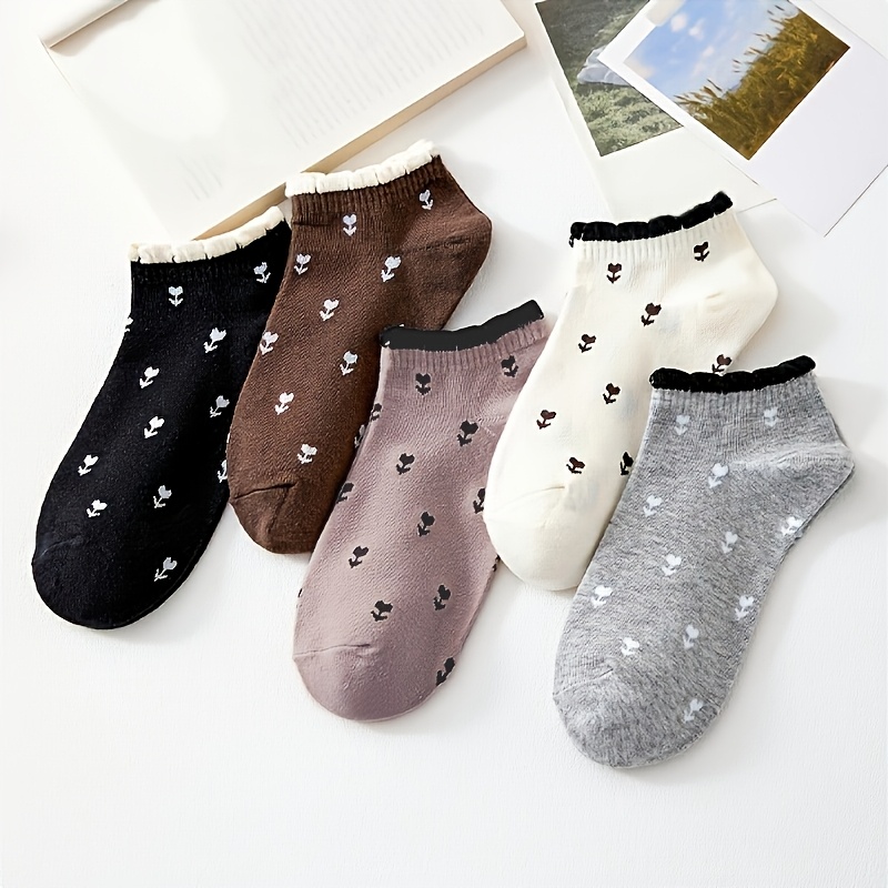 TEMU Lot de 5 paires de chaussettes courtes pour femme, respirantes avec joli motif floral, chaussettes de cheville décontractées et sportives,