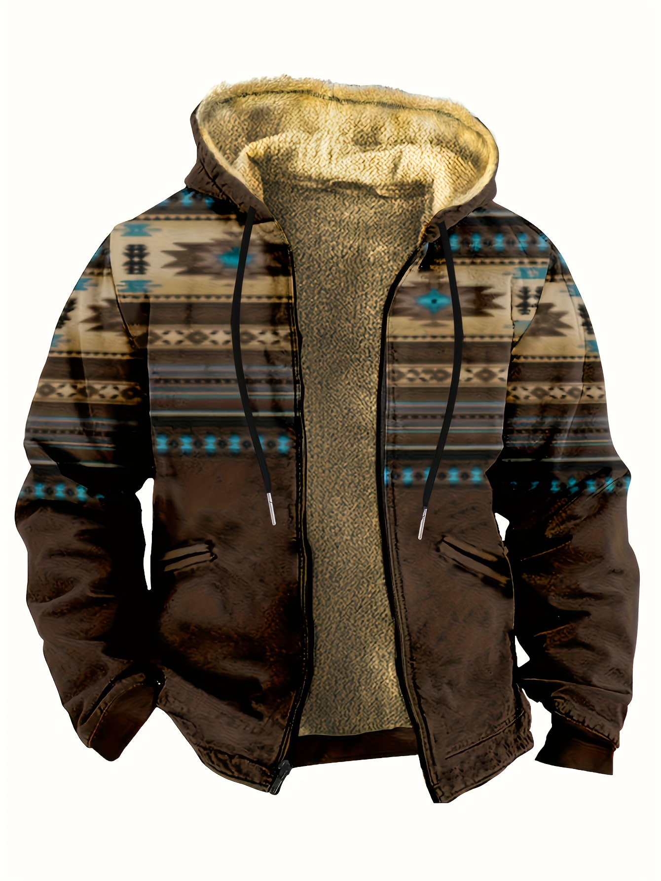 Ethnic Style Warm Fleece Hooded Jacket, Men's Casual Warm Thick