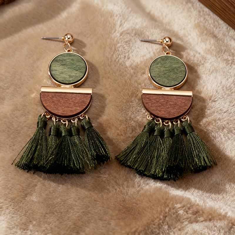 Image of ' Bohemian Golden Metal Framed Wood Earrings With Hand-trimmed Tassels - Natural Wood Geometric Dangle Earrings Suitable For Daily Wear & Parties