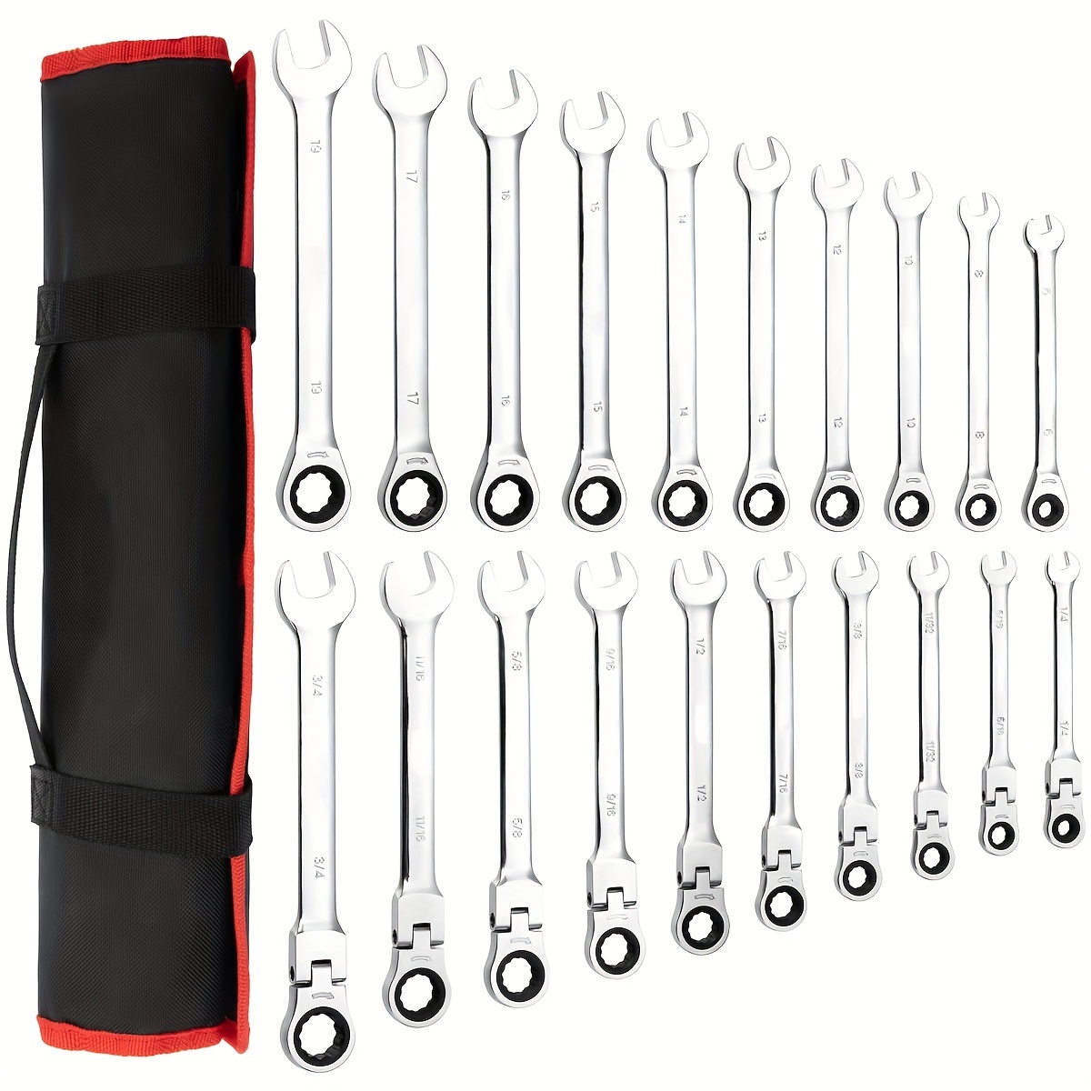 

20-piece Ratcheting Combination Wrench Set, Combo Ratchet Wrenches Set, Fixed Head & Flex-head 72-tooth/fixed Head 72-tooth, Sae 1/4-3/4"& Metric 6-19mm, Chrome Vanadium Steel With Storage Bag