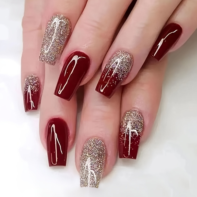 

24pcs Luxury Burgundy Ballet Press-on Nails Set, Long Full Cover French Glitter Fake Nail Tips With Jelly Glue & Nail File, , Women & Girls Parties &