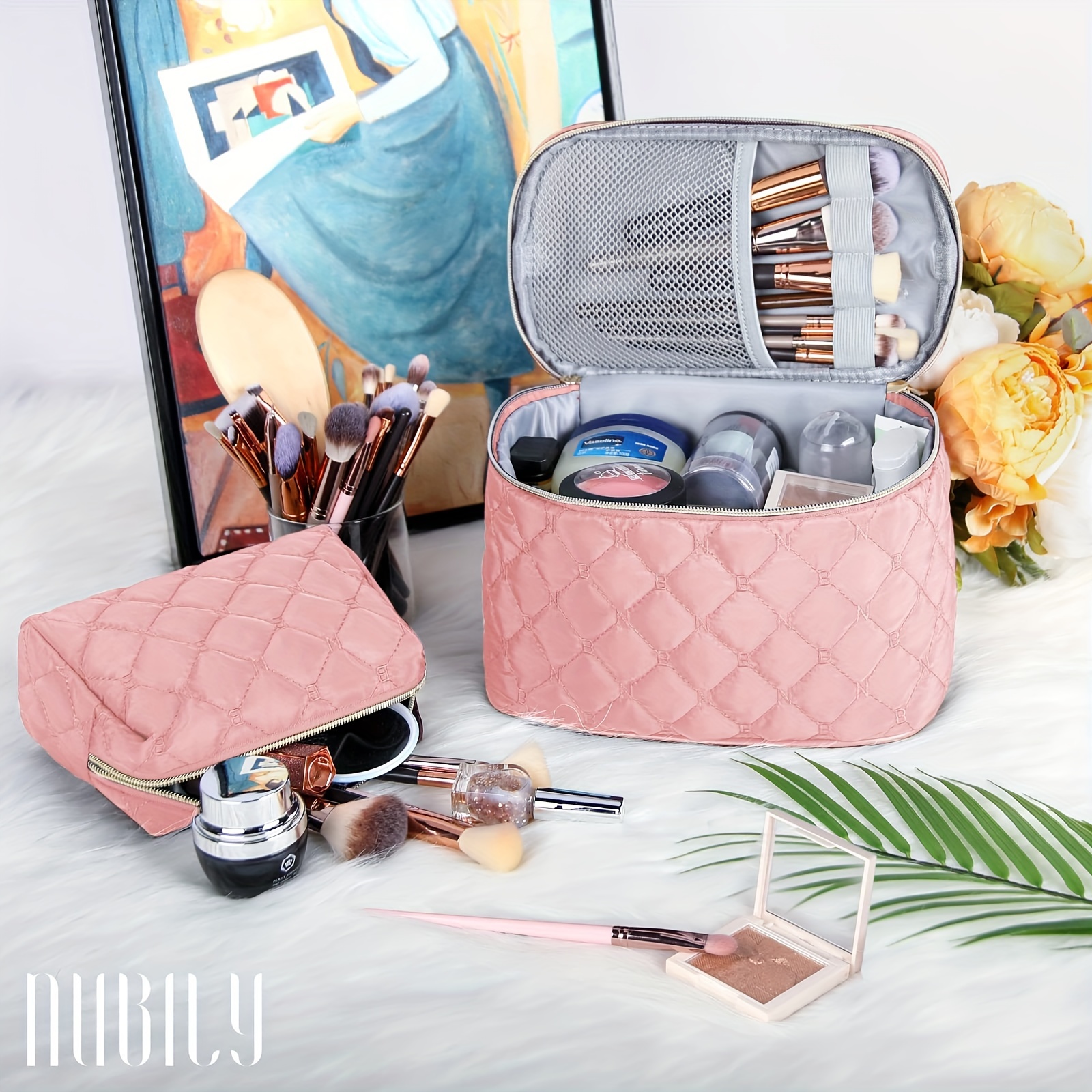 2piece Cosmetic Bag Set, Large Travel Makeup Case With Brush Holder