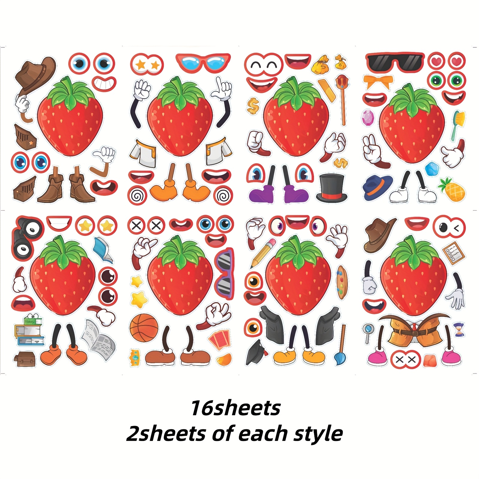 Image of 8/16 Pack Of Strawberry Themed Stickers - Create Your Strawberry Look, Parent Child Activity Set, Educational Plant Toys, For Halloween And Birthday Parties, Reusable Sti