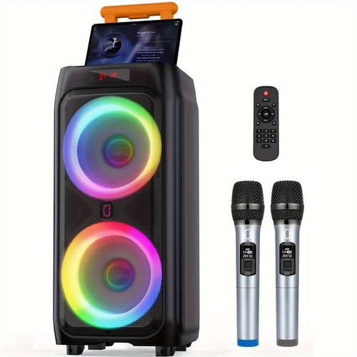 large portable with vibrant rgb light show wireless rechargeable via type c 50w with dual microphones remote control easy carry wheels handle for home karaoke outdoor celebrations portable speaker