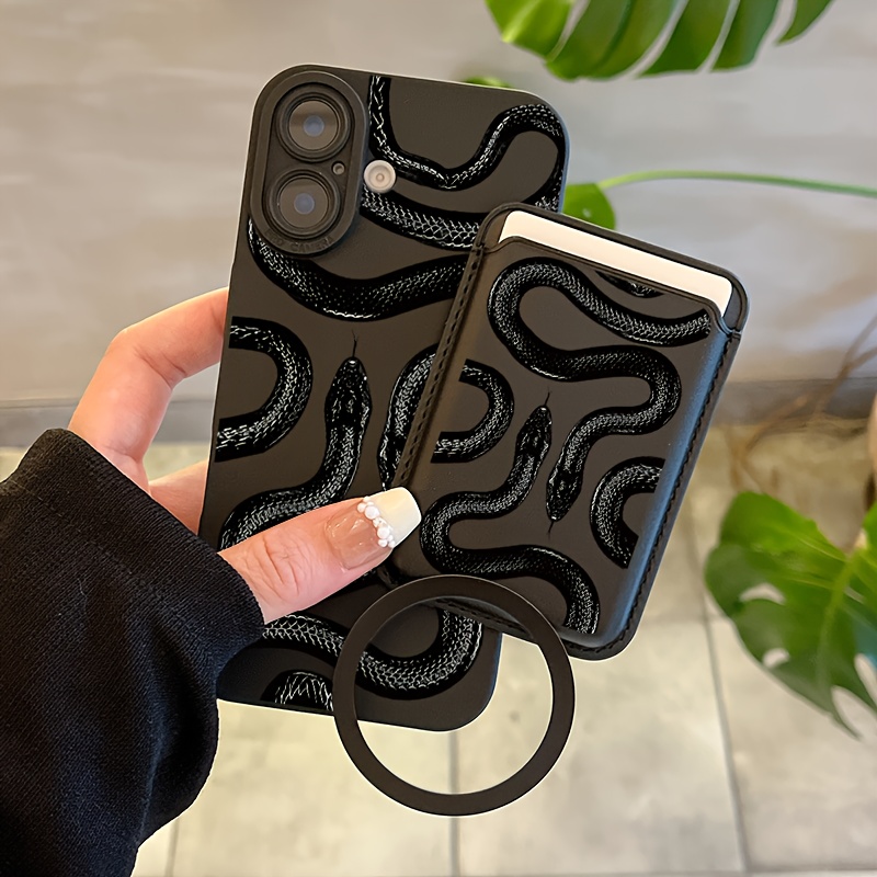 TEMU Phone Case: 3pcs In 1 Set Combination Fashionable Creative All-inclusive Shockproof Black Snake Pattern Phone Case & Fashion Faux Leather