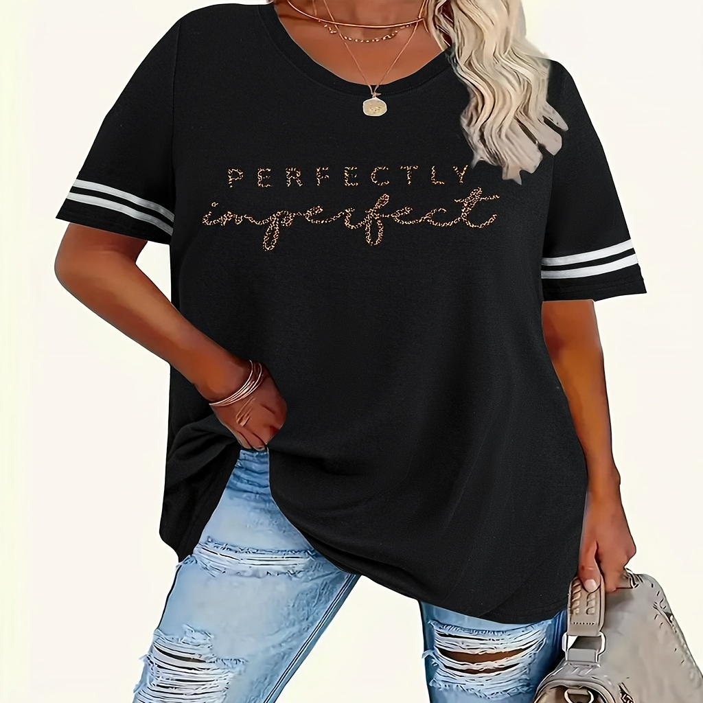 

Plus Size Women's Top With Printed Round Neck, Short Sleeves, Striped T-shirt, Ribbed Collar, In Sizes 1-8xl With Letters.