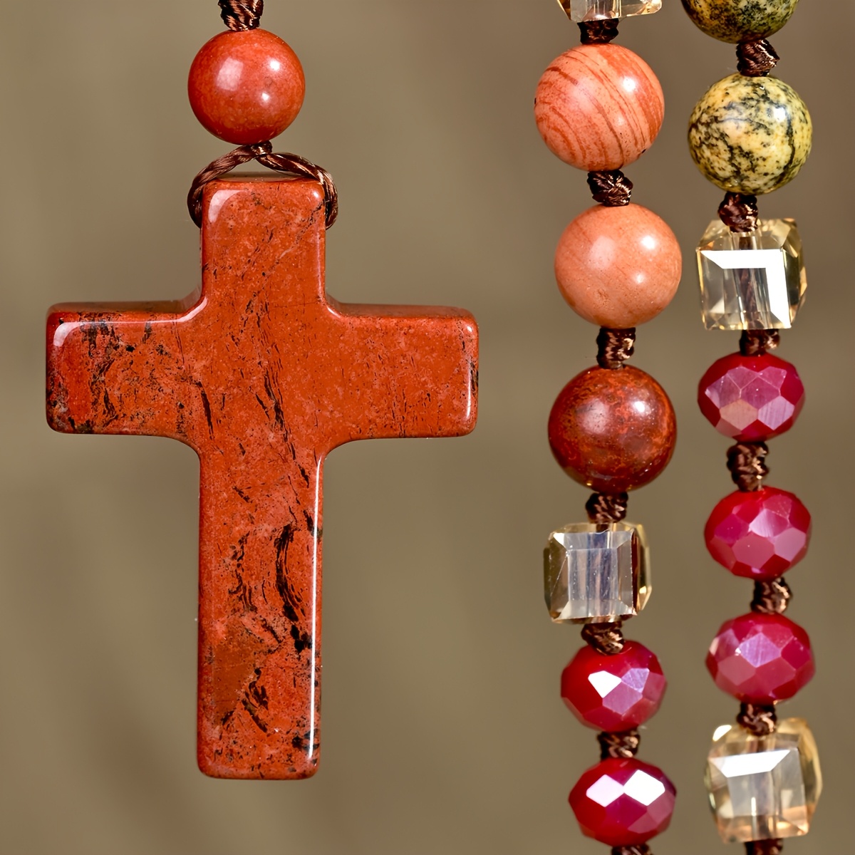 Women's Boho Red Jasper Cross Long Pendant Necklace, Vintage Handmade