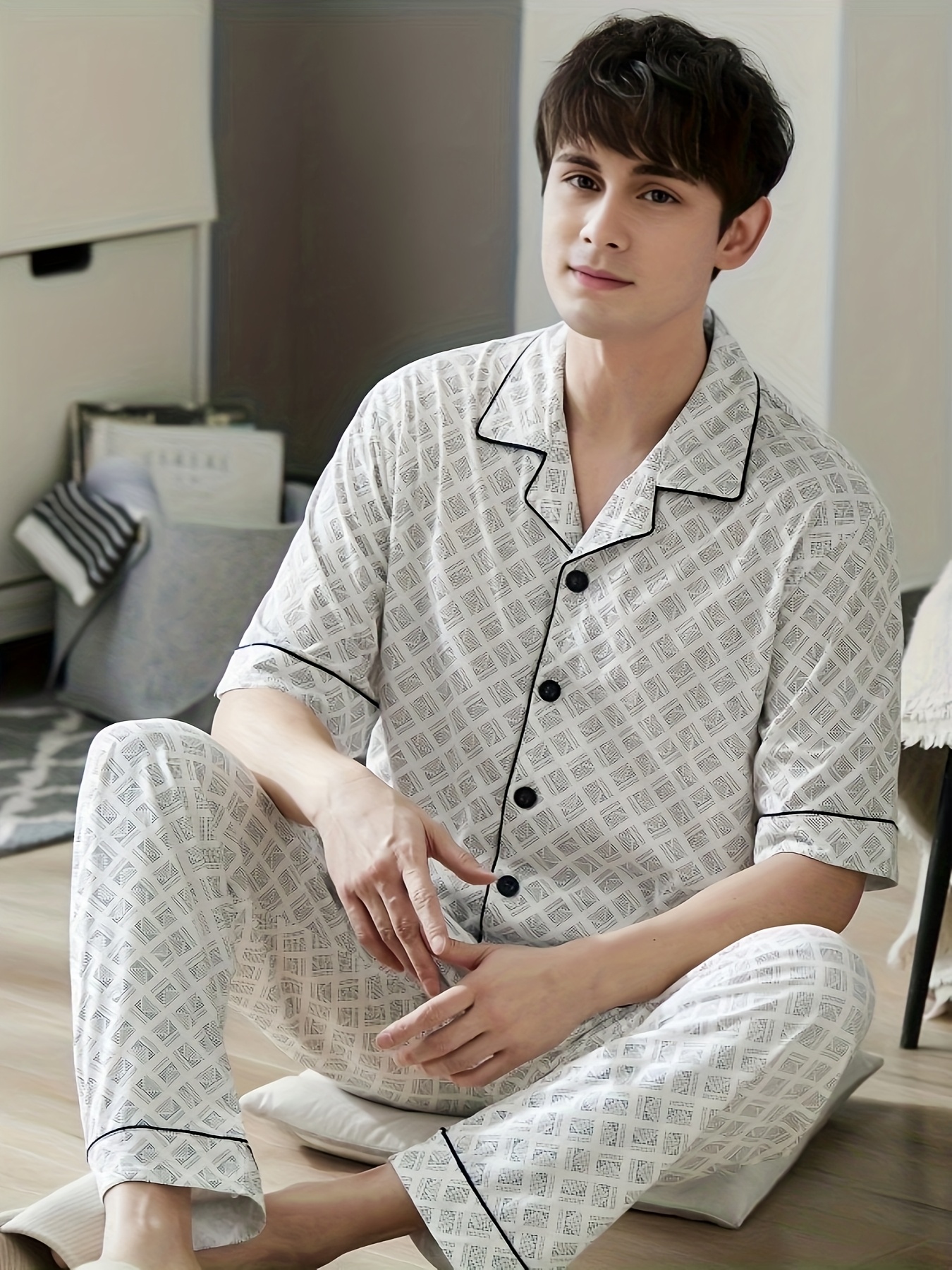 *'s Cotton Short Sleeve and Long Trousers Sleepwear for Spring/Summer,  High-* Comfortable Breathble Loungewear Suitable as a Gi