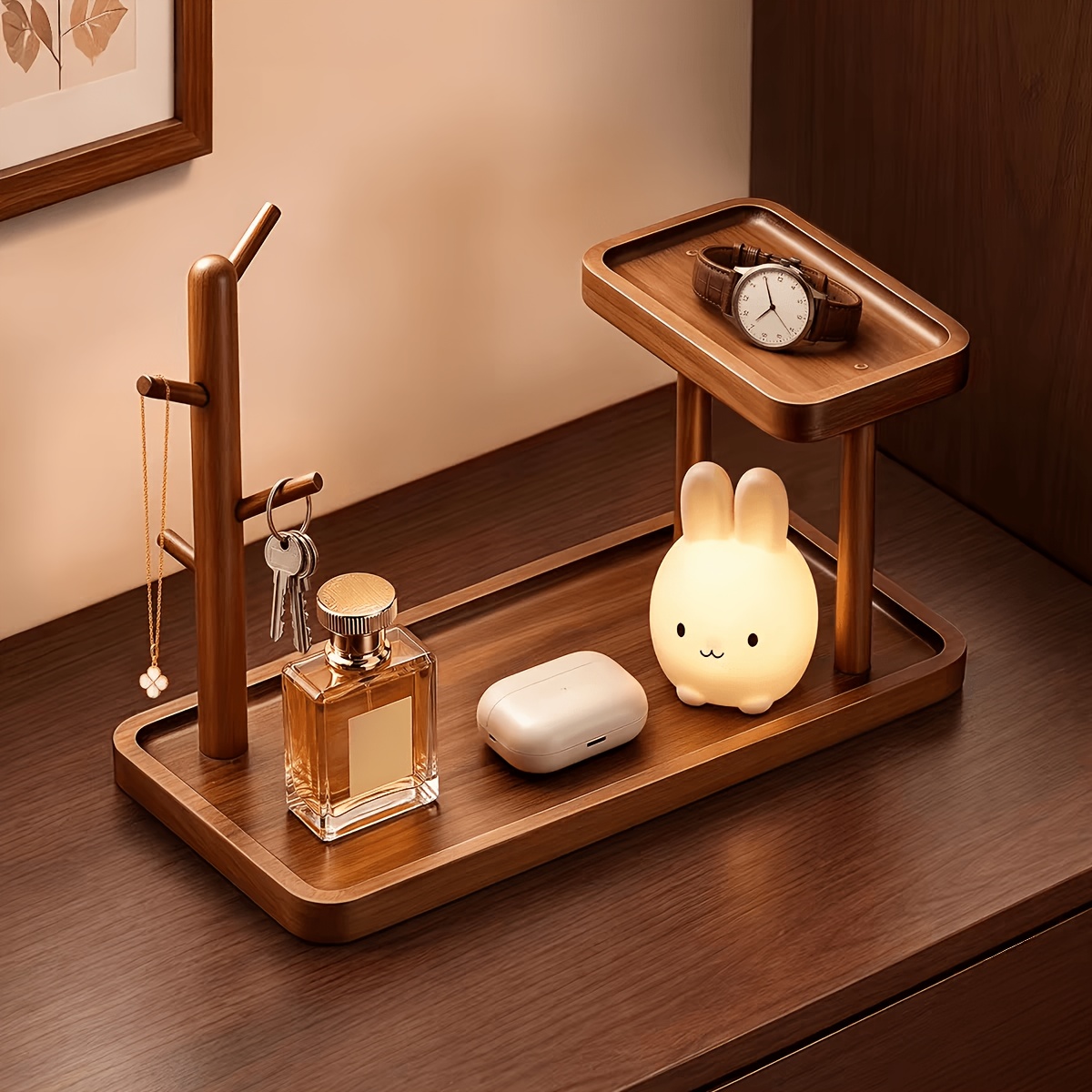 Solid Rubberwood Desktop Key Holder with Hooks and Tray