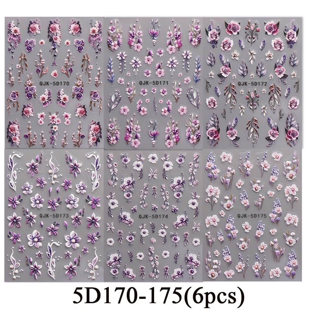 6pcs Summer Small Flower 3d Embossed Nail Stickers Set, Stereo Self-adhesive Floral Nail Art Decals For Nails