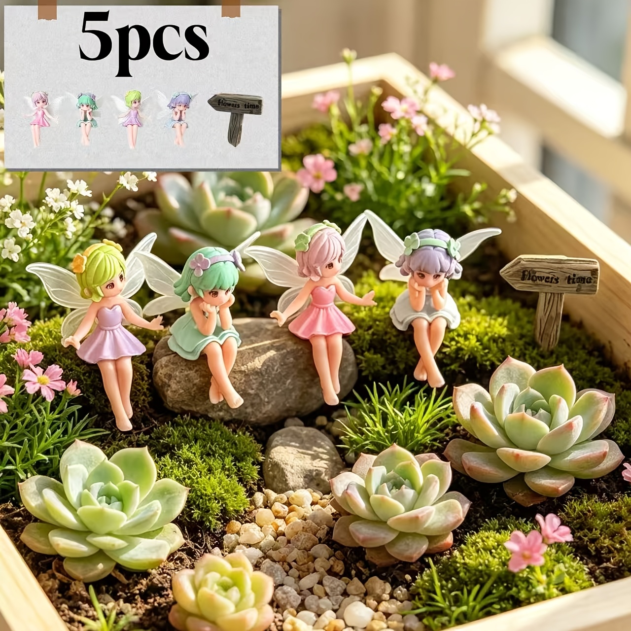 TEMU 5pcs, Ornements de sculpture en résine de fée de fleur Sprite Dopamine et plaque, (Comprenant 4 et 1 plaque) Ornements de sculpture de jardin,