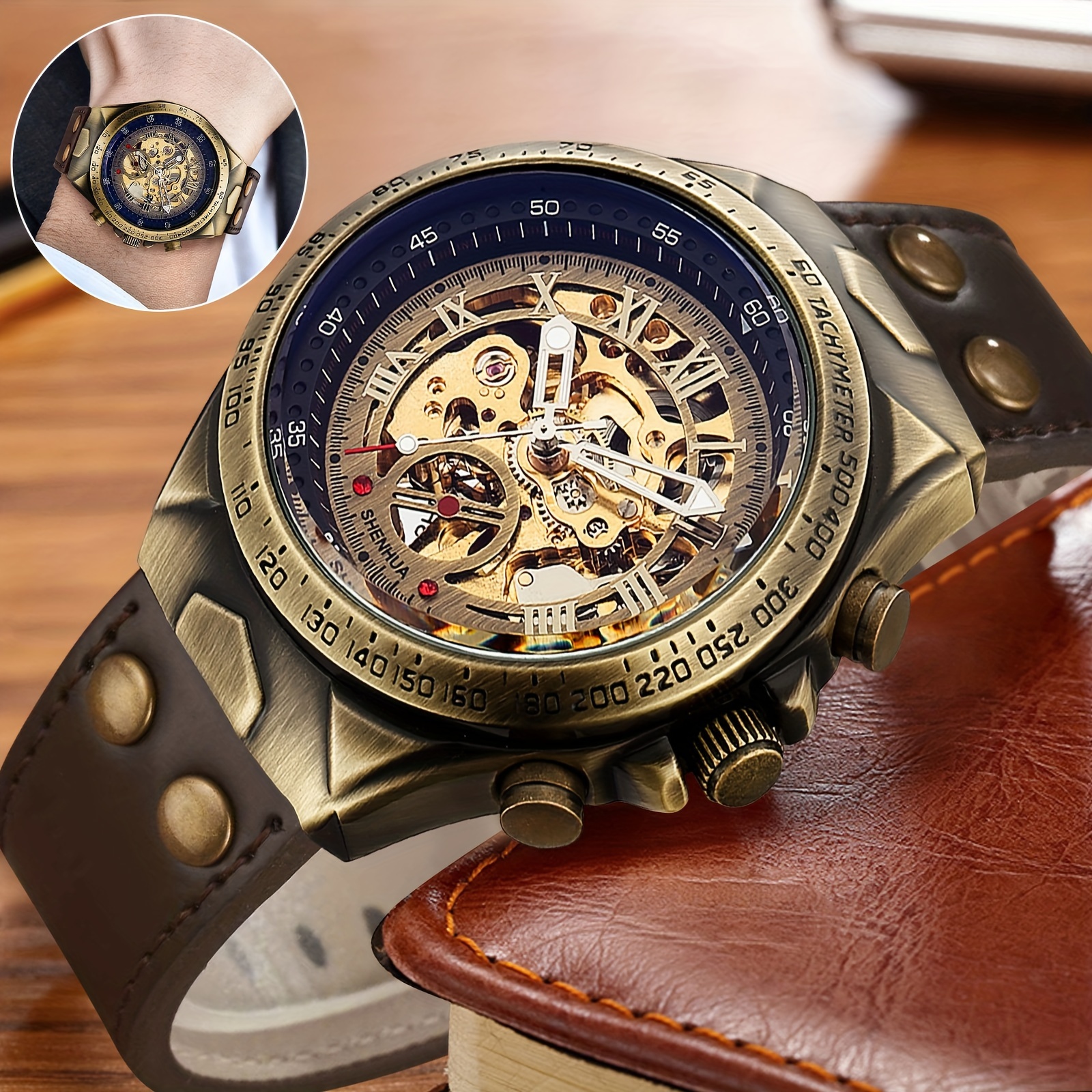 

Automatic Mechanical Wristwatch, Men's Luxury Classic Wrist Watch, Retro Skeleton Dial Watch For Casual Fashion & Gift