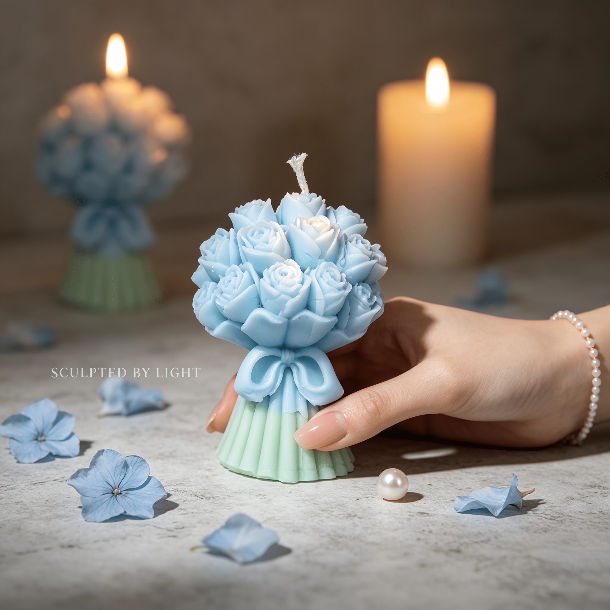 A Candle Shaped Like a Bouquet of Blue Roses, Scented with Bluebell, Featuring a Mint Green Base. This Hand-Poured Decorative Soy Wax Candle Is Perfect for a Bathroom Vanity, Shelf, Or As a Wedding Gift
