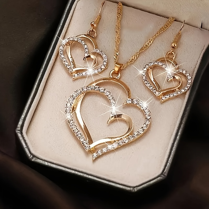 

Elegant 3pcs Heart Jewelry Set For Women - & Vacations, Alloy With Glass