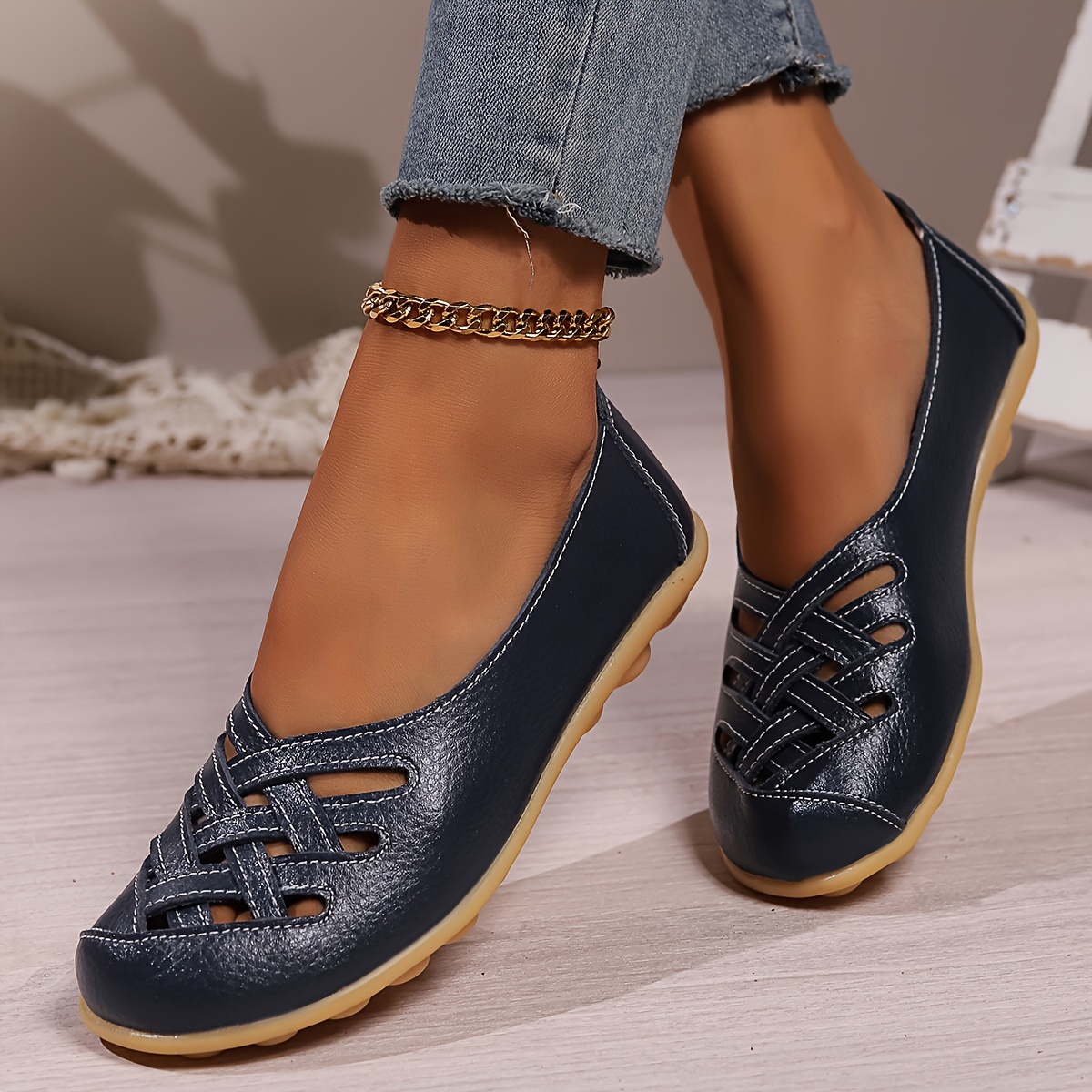 women s cross strap solid color flat loafers soft sole slip details 1