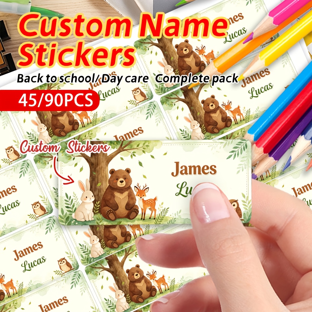 45/90pcs Personalized Forest-Themed Animal Name Stickers