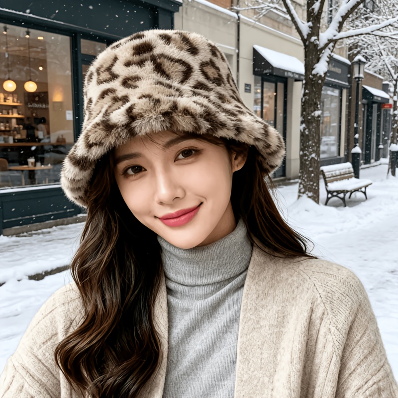 TEMU New Arrival Soft Bucket Hat For Women, Stylish Korean Leopard Print Plush , Thickened Windproof Ear Protection Fisherman Hat, Versatile Warm