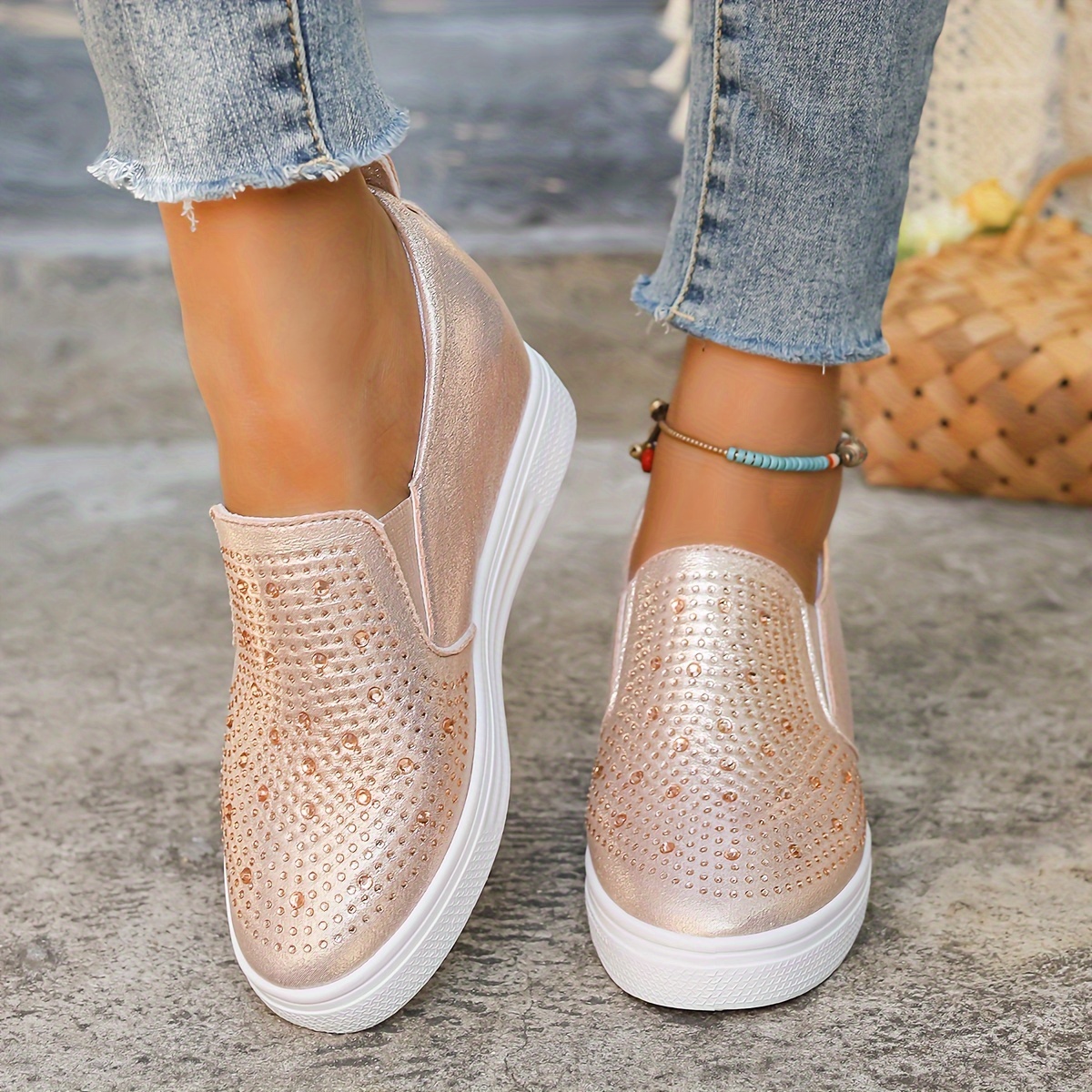 

Women's Fashionable Rhinestone Decor Slip-on Platform Sneakers, Casual Height-increasing Shoes With Breathable Upper