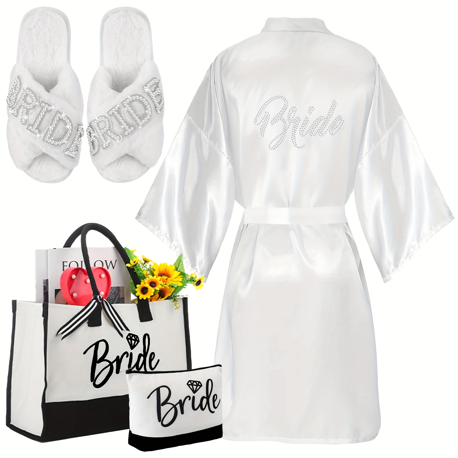 Set Of 4 Bridal Shower Gifts Featuring A Robe, White Slippers, A Canvas Tote Bag, And A Makeup Bag, Suitable For Wedding Celebrations, Size 7-8