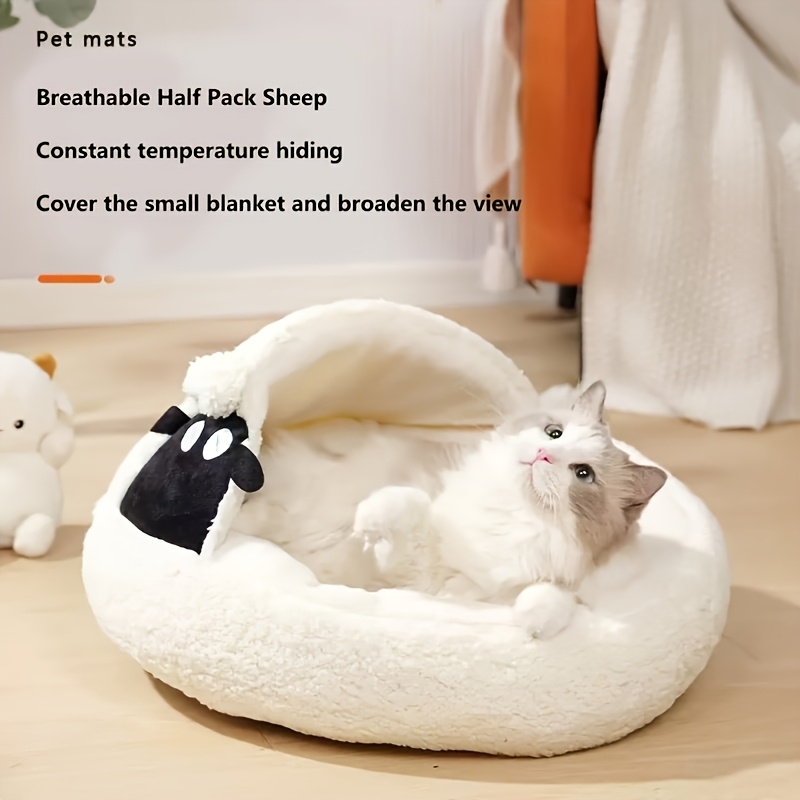 1pc winter sheep nest series closed cat nest soft polyester warm thickened pet bed with detachable cover round design for cats and dogs pet supplies cozy pet bed detachable cover nest Product details 2