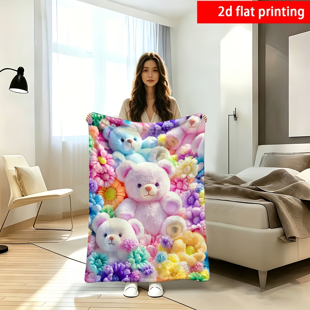 TEMU 2d Flat Printing, 1pc Colorful Bloom Bear Theme Blanket - Made Of Soft Flannel Material, Suitable For , Suitable For Sofa Cover Blanket, Office