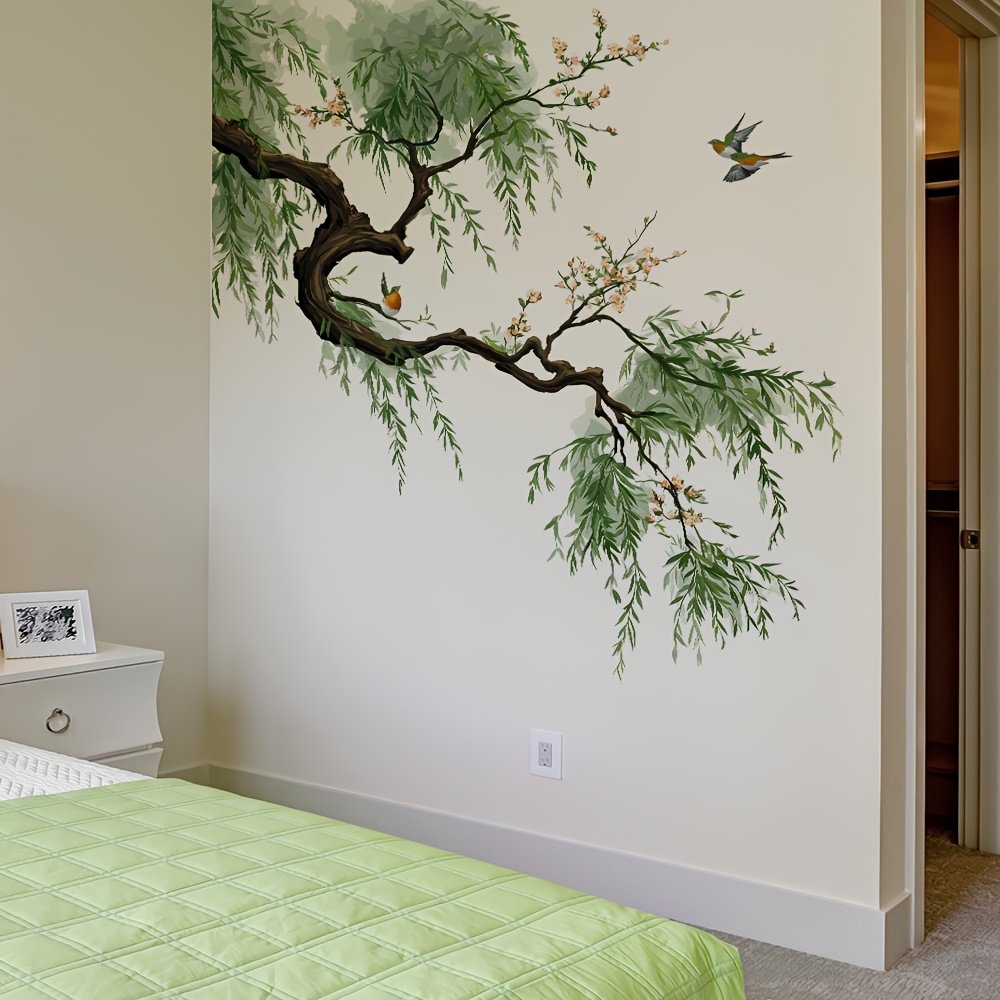 Image of 1pc 39*90cm New Chinese Style , Flowers, And Birds Self-adhesive Wall Sticker, Waterproof And Traceless Bedroom Headboard Decorative Sticker, Room Background Wall Decal