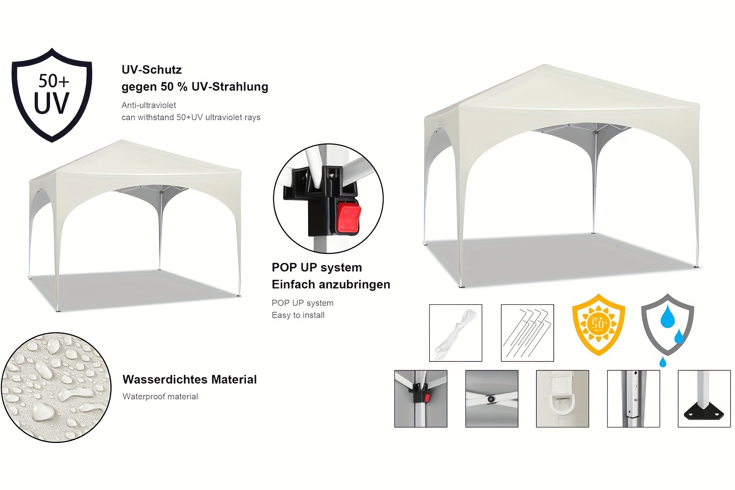 1pc Pergola Pop-Up Étanche, Cadre en Alliage, 3x3m, Installation Facile, Structure Robuste, avec Fermeture à Cordon, pour Gazebo de Jardin, Abri de Plage, Tente Pagode de Camping